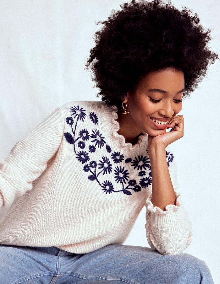 Embroidered Frill Sweater Warm Ivory