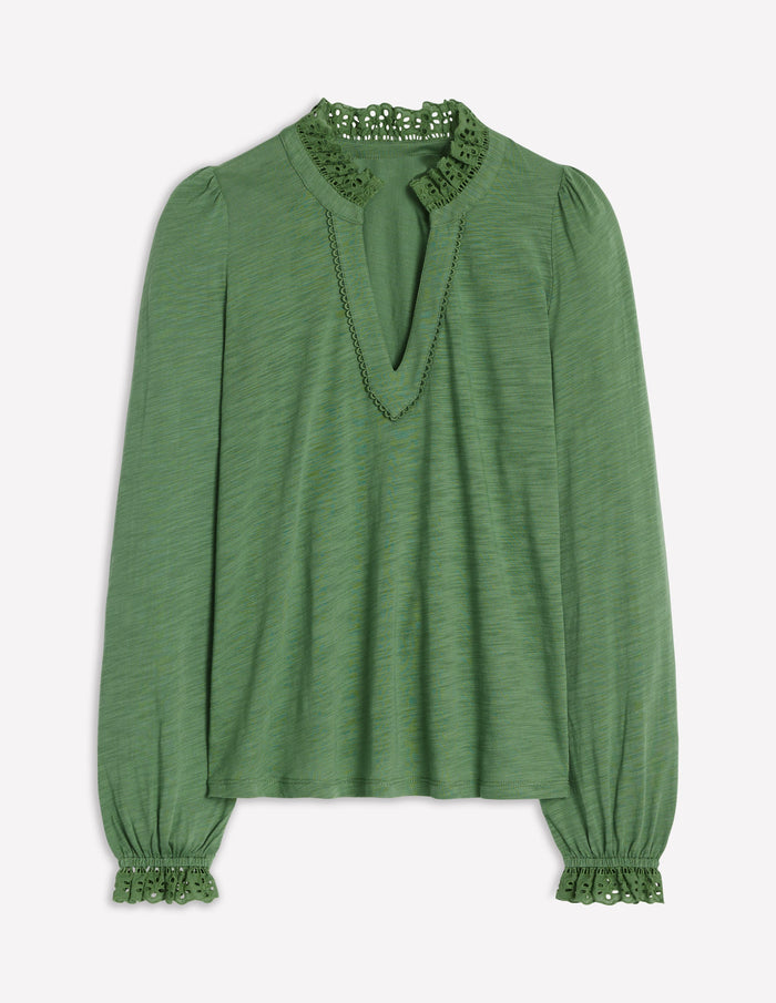 Aria Broderie Notch Neck Top Newt Green