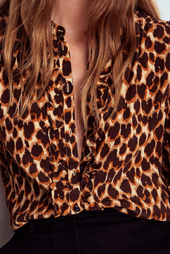 Alice Frill Front Silk Top Leopard Spots