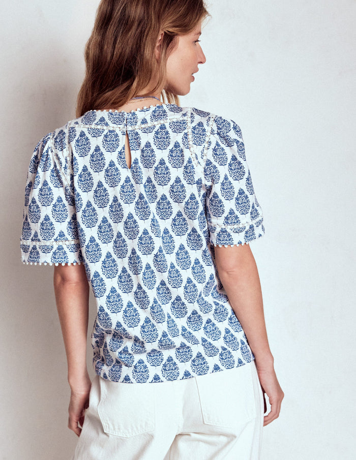 Mila Lace Trim Top Denim Blue, Wildflower Bouquet