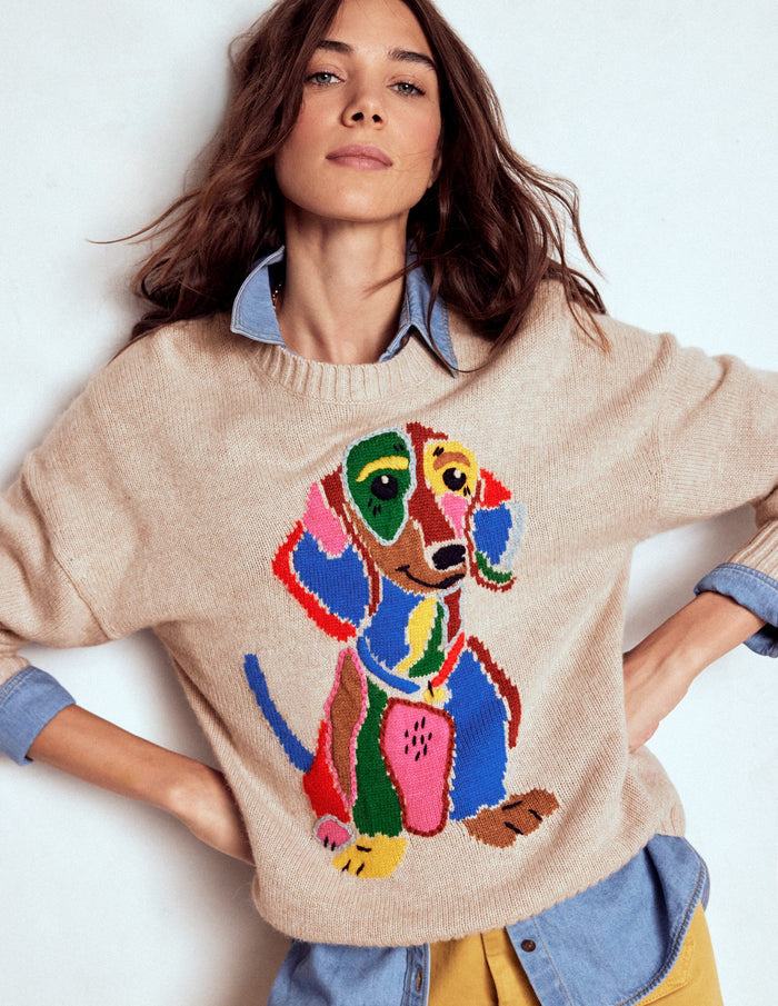 Natalie Embroidered Sweater Oatmeal Melange, Daschund