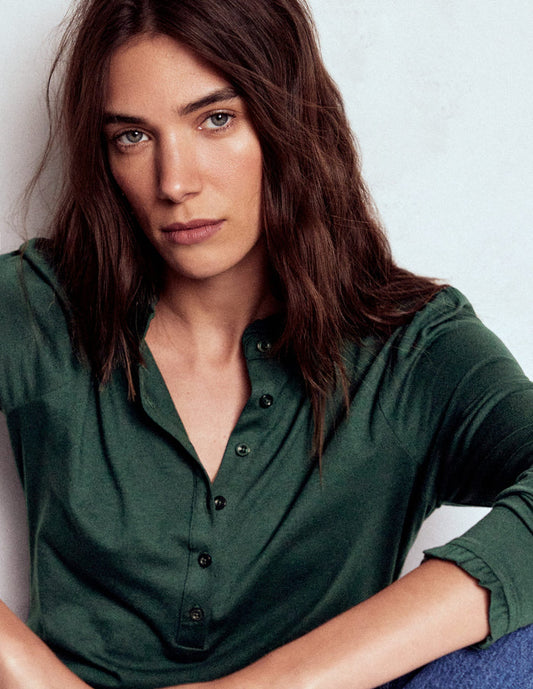 Supersoft Frill Henley Top Green Pine