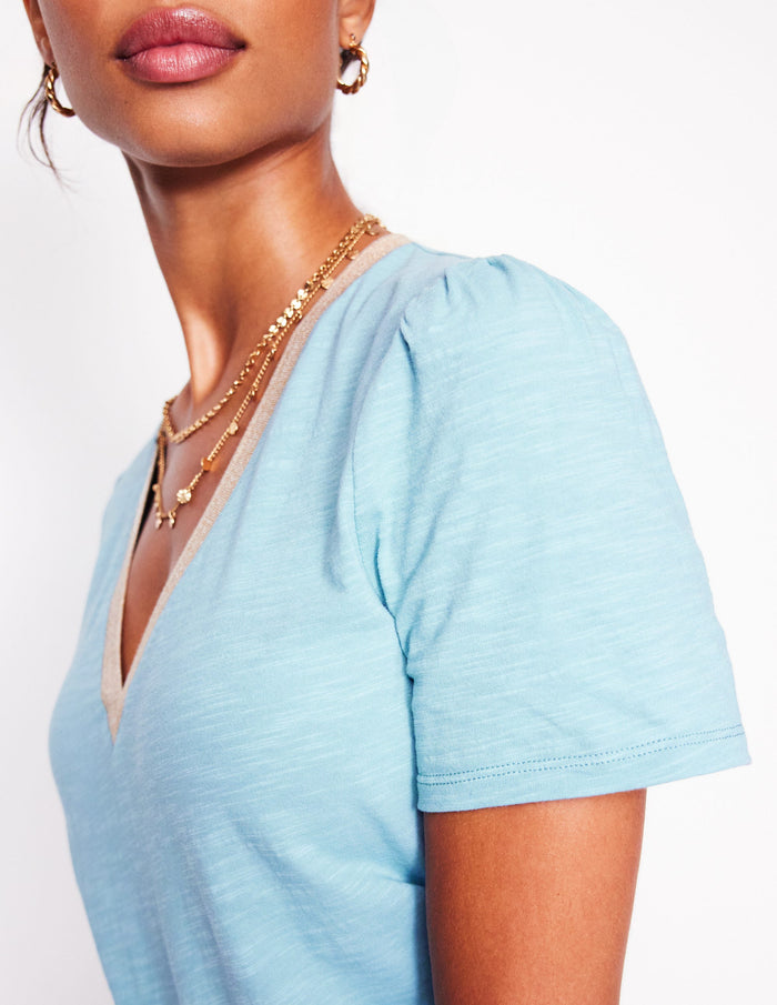 Metallic Trim V Neck T-shirt Soft Blue