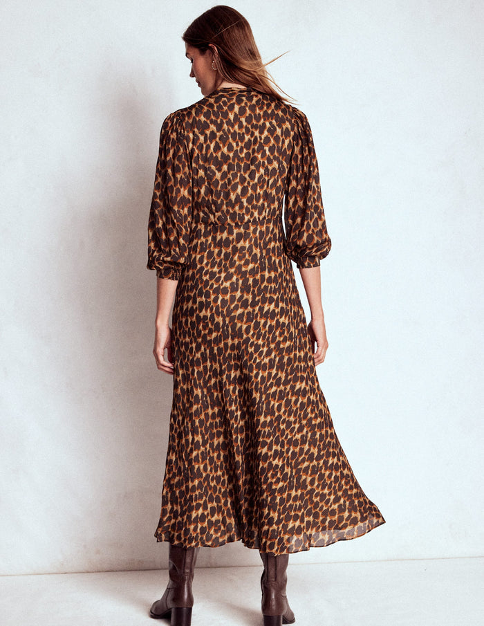 Brooke Tie Neck Tea Dress Sand, Abstract Leopard Spot