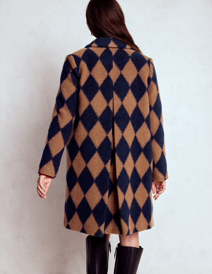 Edinburgh Swing Coat Camel and Navy Argyle