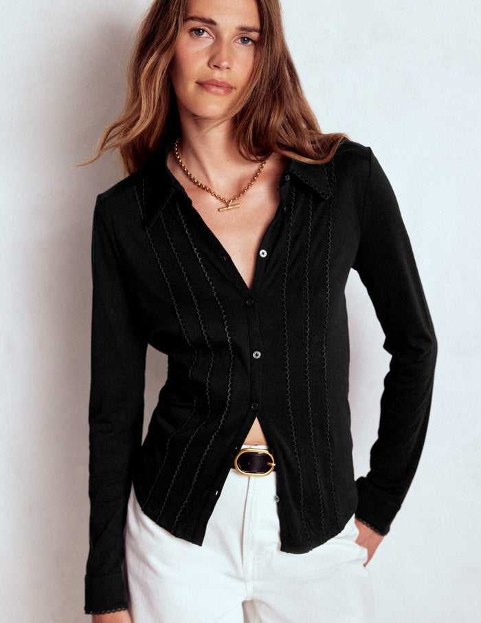 Picot Trim Jersey Shirt Black