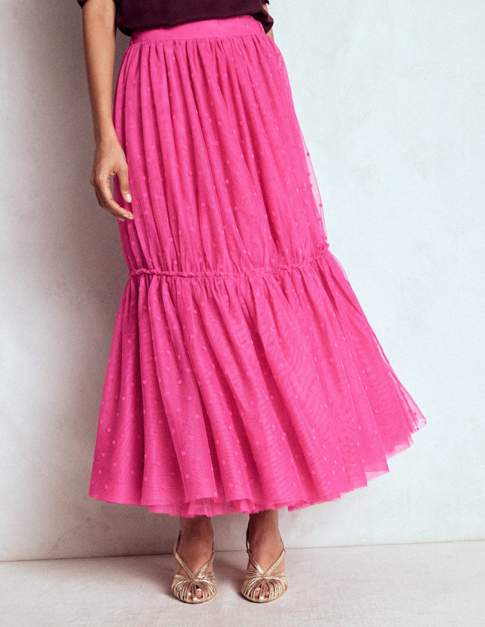 Anna Tulle Midi Skirt Pink Flocked Spot