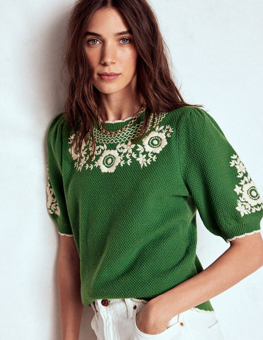 Puff Sleeve Embroidery T-shirt Paradise Green