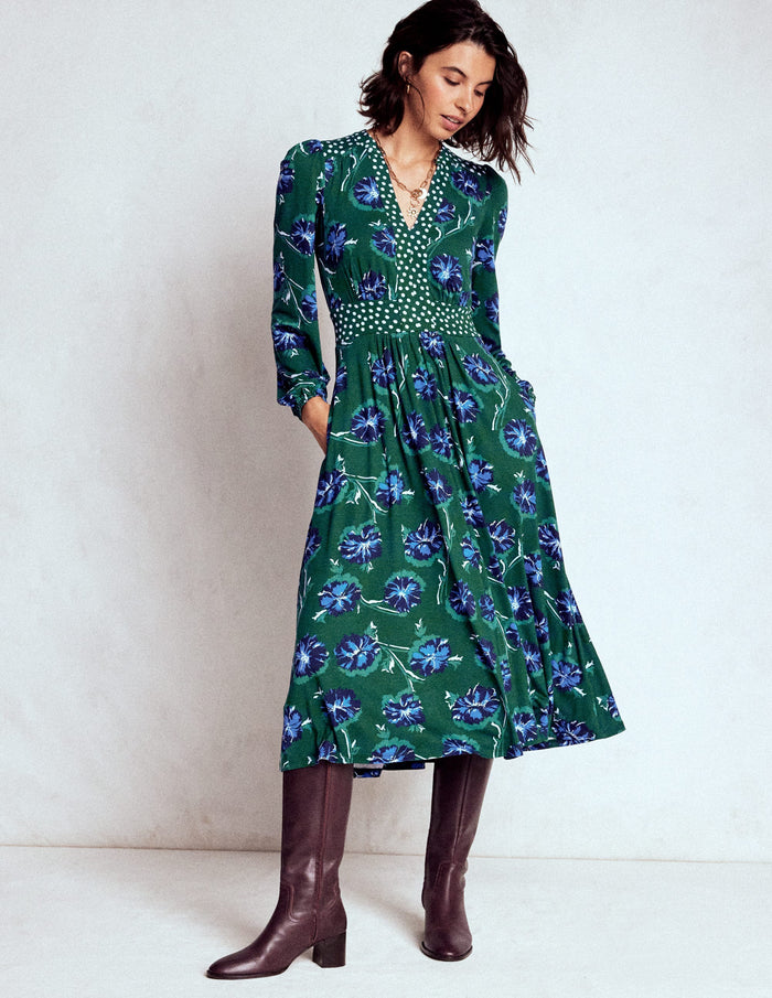 Lily Long Sleeve Midi Dress Emerald, Delicate Carnation