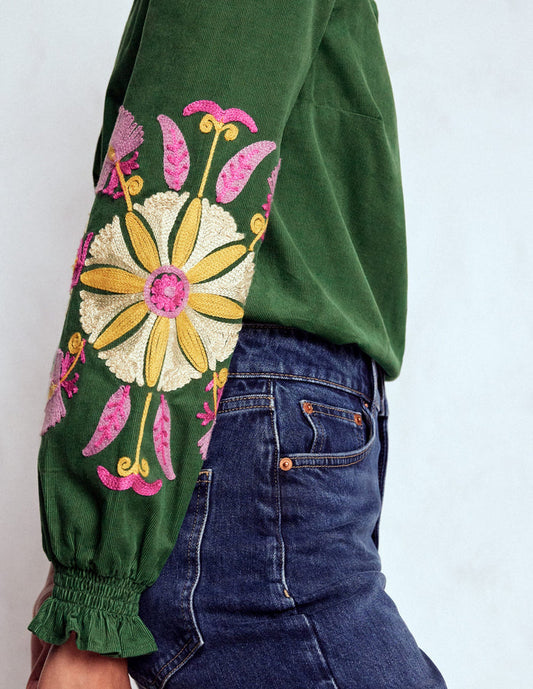 Lorna Cord Top Hunter Green Embroidered