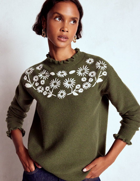 Embroidered Frill Sweater Woodland Green Melange