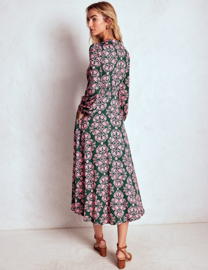 Ivy Smocked Midi Dress Green, Ornamental Lattice