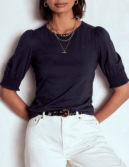 Short Sleeve Smocked Cuff Top Navy