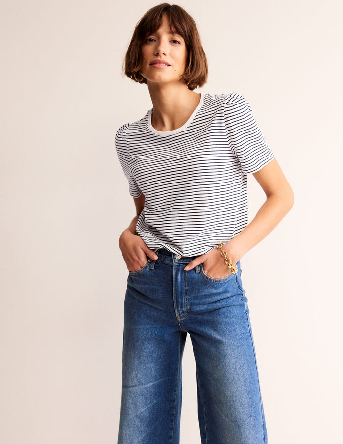 Cotton Puff Sleeve T-Shirt Ivory, Navy Stripe