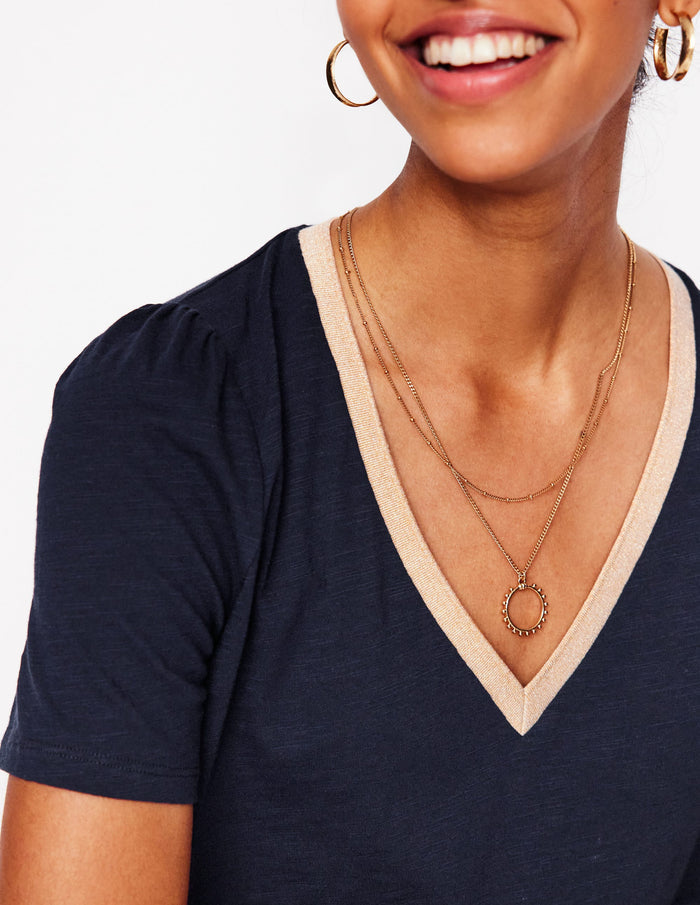 Metallic Trim V Neck T-shirt Navy