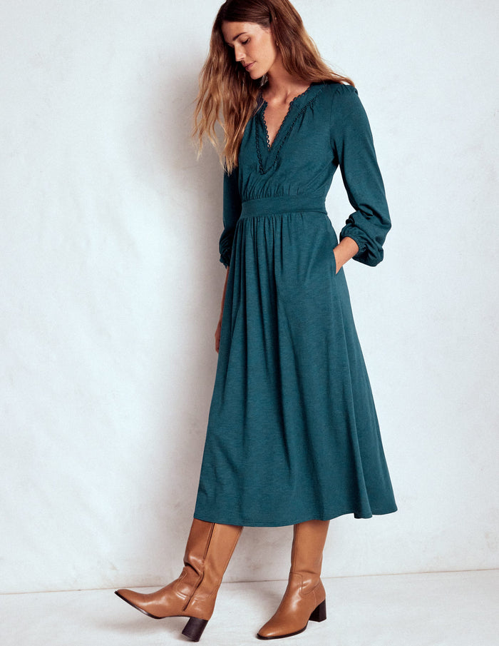 Maddie Picot Trim Midi Dress Midnight Teal