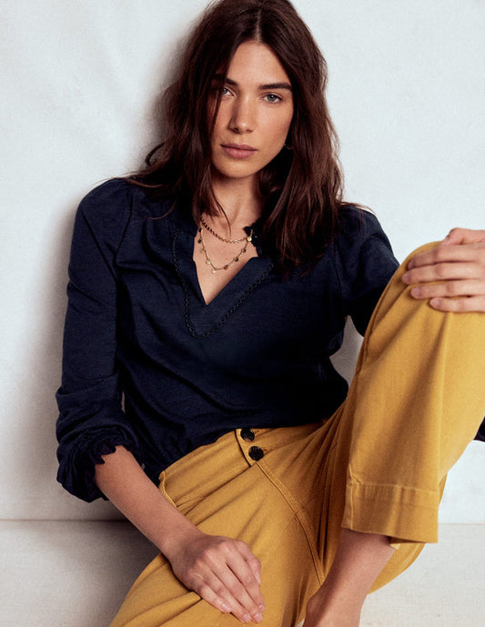 Aria Broderie Notch Neck Top Navy
