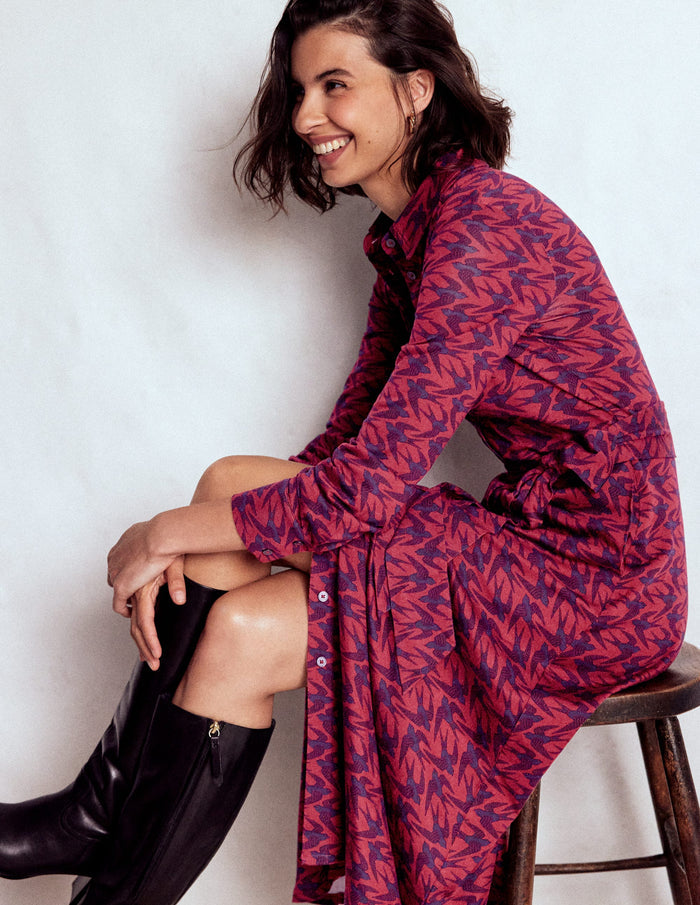 Marcia Jersey Shirt Dress Burgundy Red, Swooping Swallow
