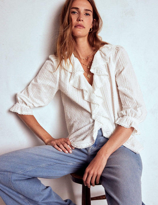 Ruffle V-Neck Blouse White