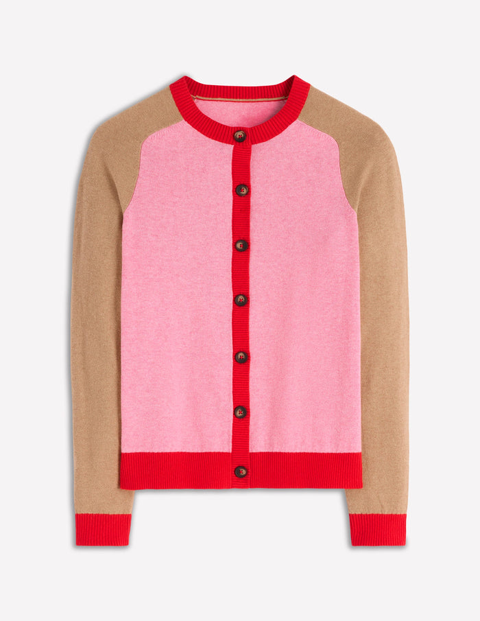 Meg Raglan Sleeve Cardigan Camel, Pink Colour Block