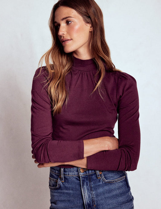 Puff Shoulder Jersey Top Dark Cherry