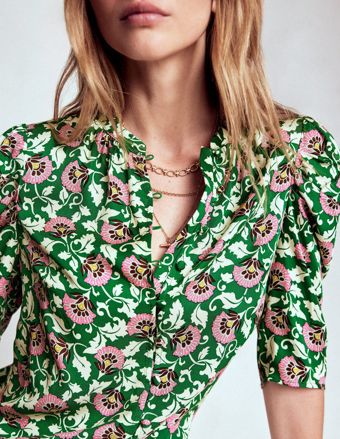 Mutton Sleeve Smart Top Rich Emerald, Ornate Vine