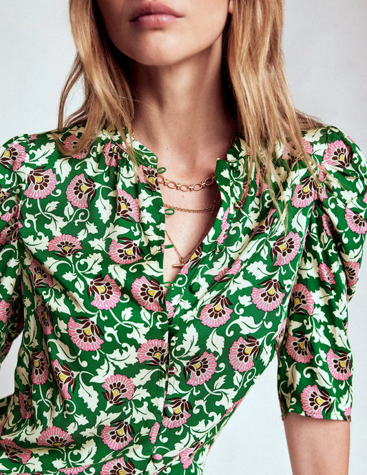 Mutton Sleeve Smart Top Rich Emerald, Ornate Vine