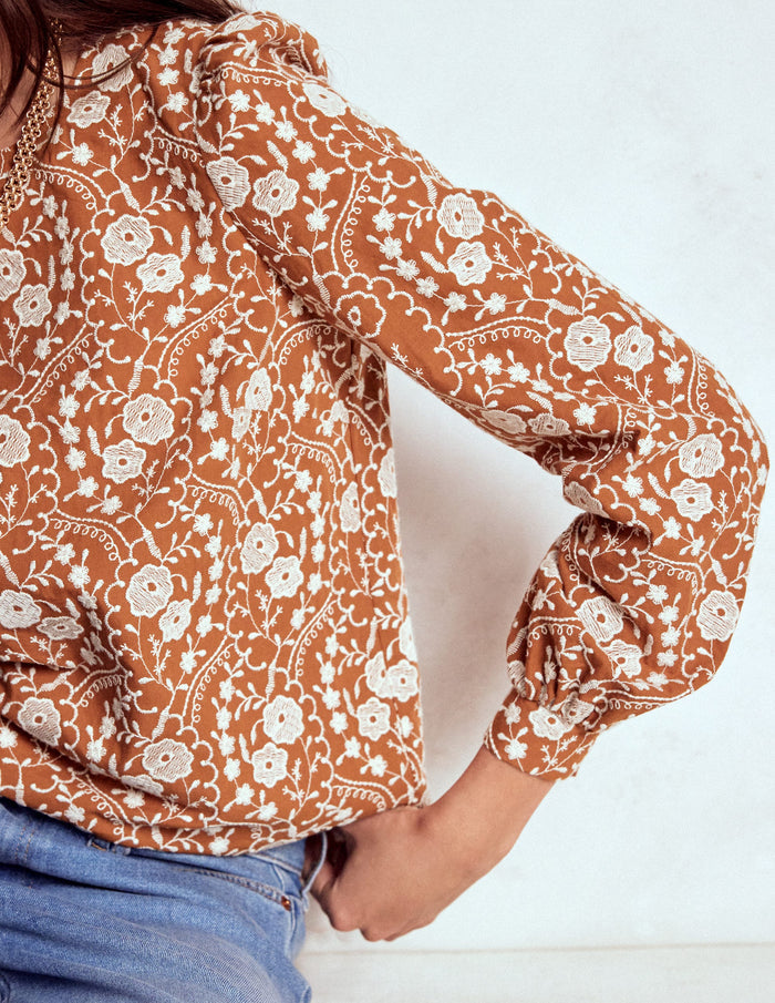 Embroidered Cotton Dobby Top Brown
