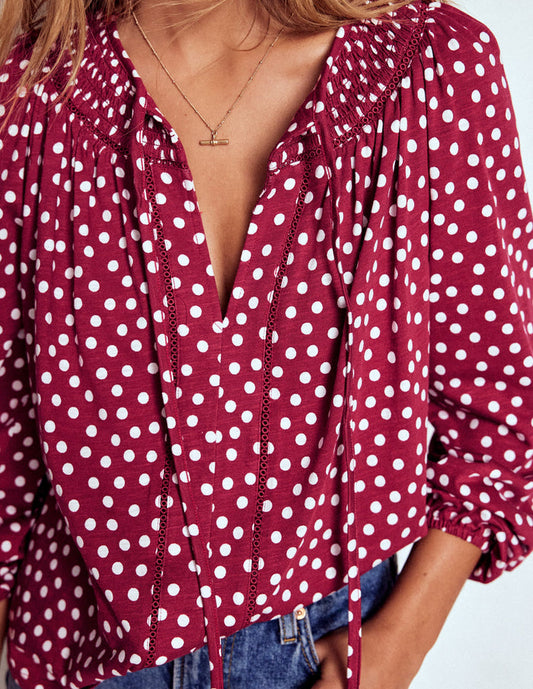 Georgia Smocked Jersey Top Chestnut, Ivory Painted Dot
