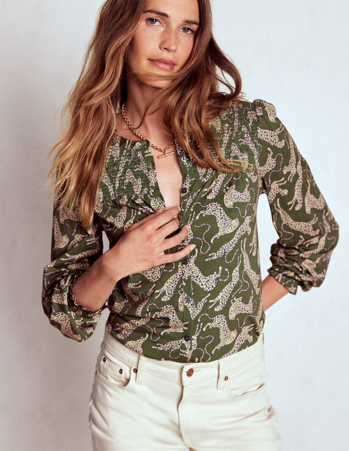 Elsa Smocked Yoke Jersey Shirt Green, Leaping Leopard