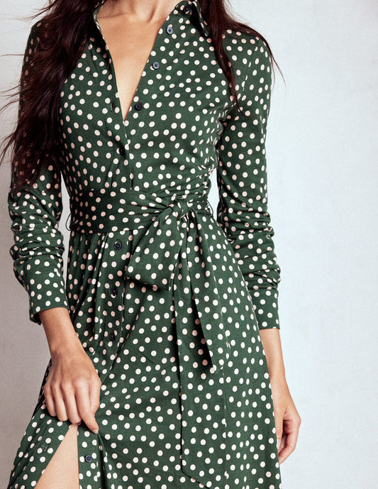 Marcia Jersey Shirt Dress Hunter Green, Painted Dot