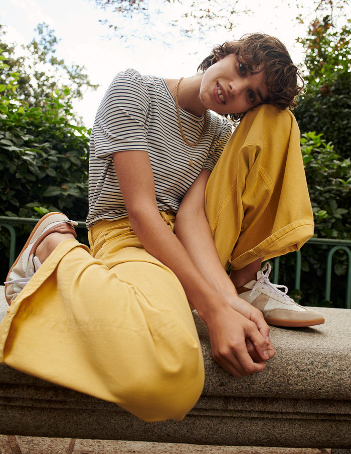 Cotton Puff Sleeve T-Shirt Ivory, Navy Stripe