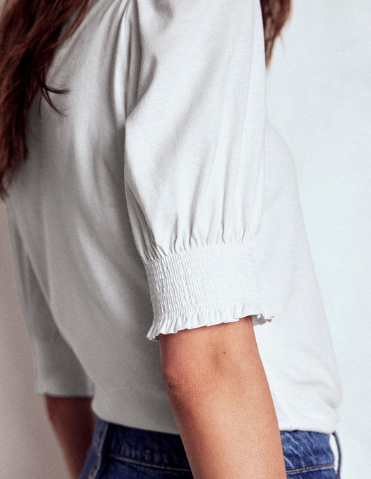Short Sleeve Smocked Cuff Top White