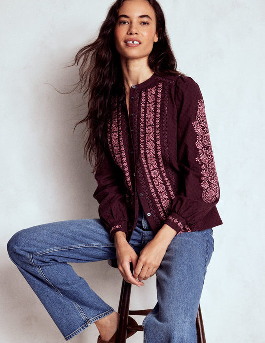 Embroidered Cotton Top Dark Cherry