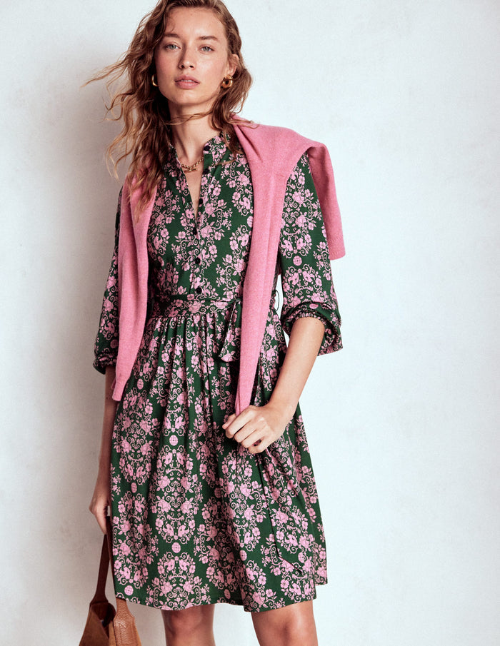 Willow Ruffle Neck Shirt Dress Green, Ornamental Lattice