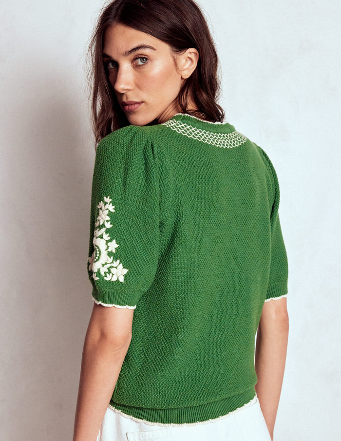 Puff Sleeve Embroidery T-shirt Paradise Green