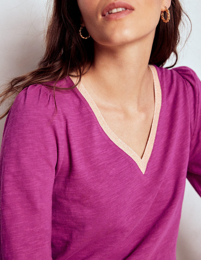 Metallic Trim Long Sleeve Top Rich Magenta