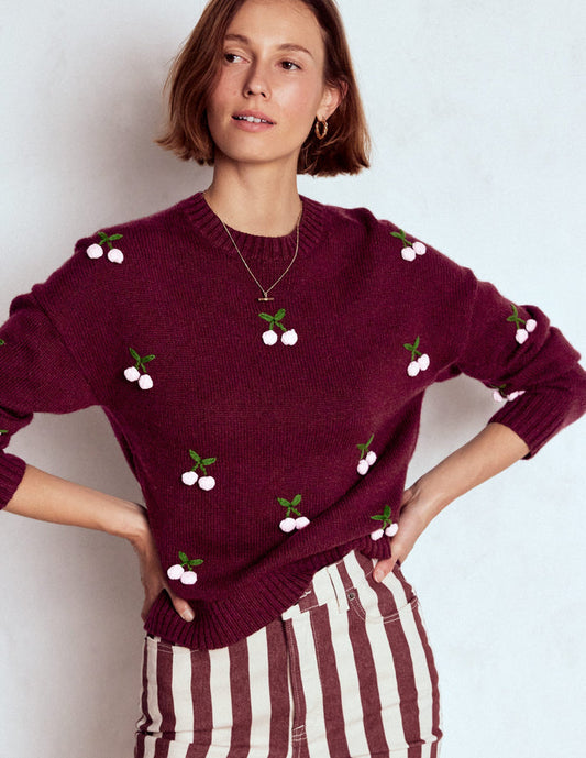 Natalie Embroidered Sweater Chestnut Melange, Cherry