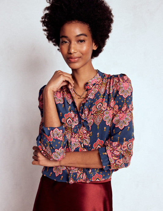 Alice Frill Front Silk Top Navy, Embellished Paisley