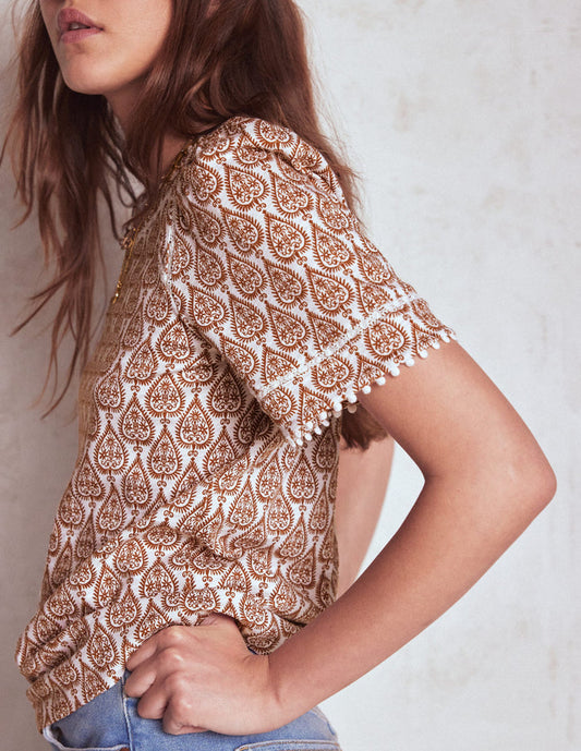 Mila Lace Trim Top Ivory and Cognac, Ornate Geo
