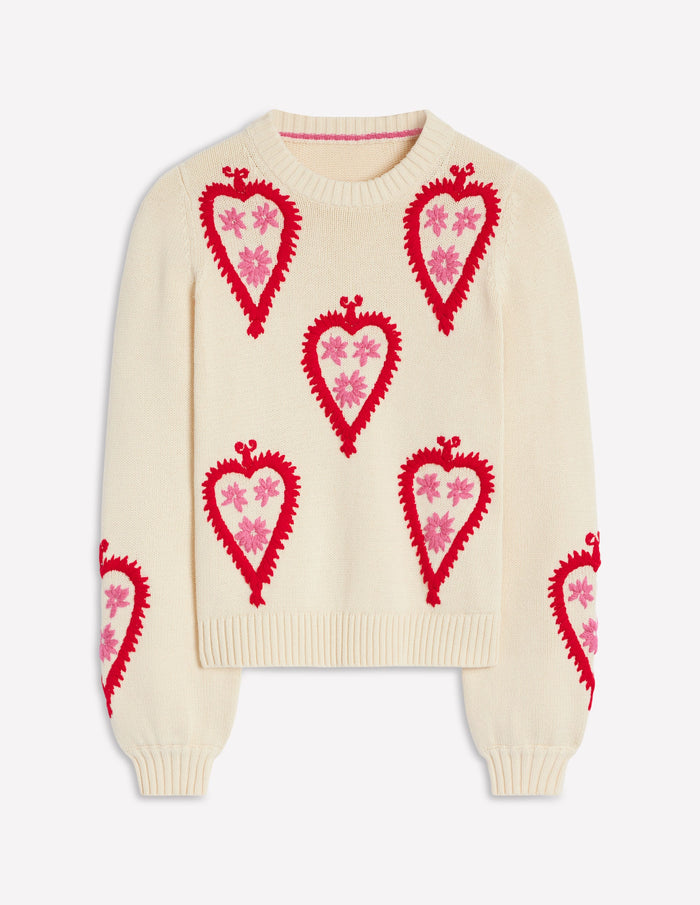 Graphic Embroidered Sweater Warm Ivory, Hearts