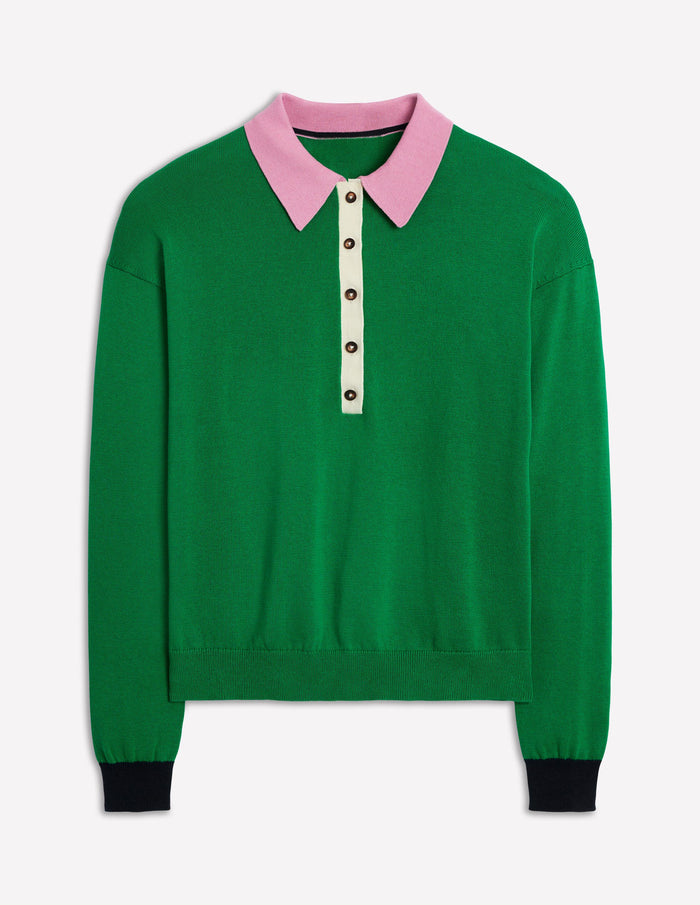 Lara Relaxed Cotton Henley Top Rich Emerald Colour Block
