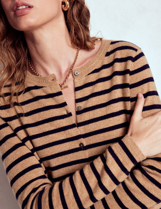 Eva Cashmere Crew Cardigan Camel Melange/Navy Stripe