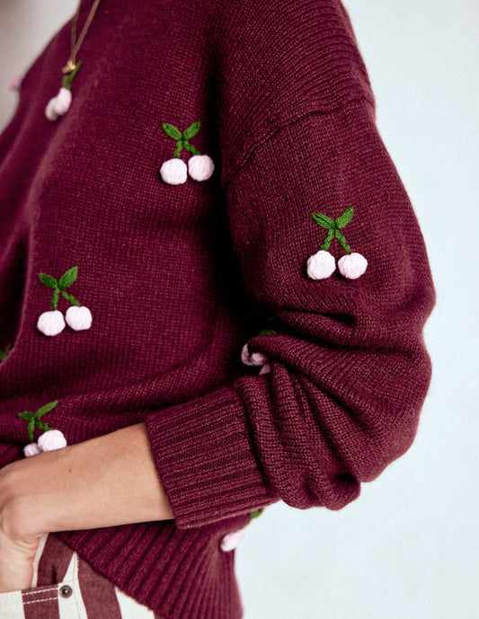 Natalie Embroidered Sweater Chestnut Melange, Cherry