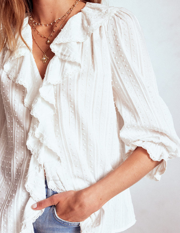 Ruffle V-Neck Blouse White