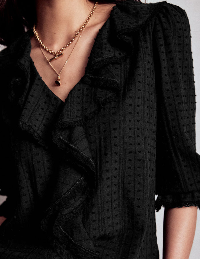 Ruffle V-Neck Blouse Black