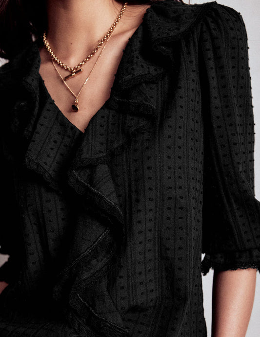 Ruffle V-Neck Blouse Black