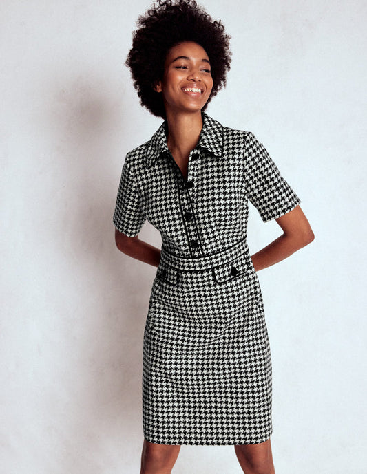 Eda Wool Shift Dress Black Dogstooth