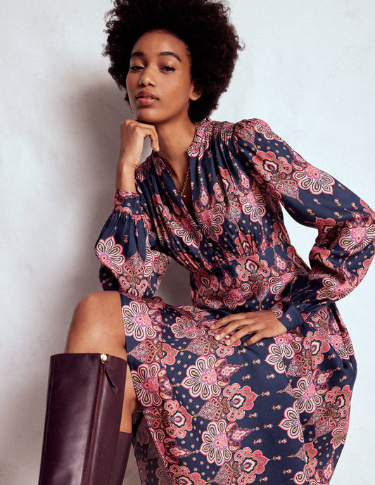 Cassie Smocked Tea Dress Navy, Embellished Paisley
