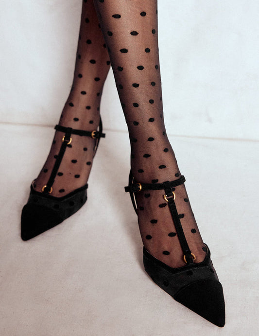 T-Bar Point Heels Black Mesh